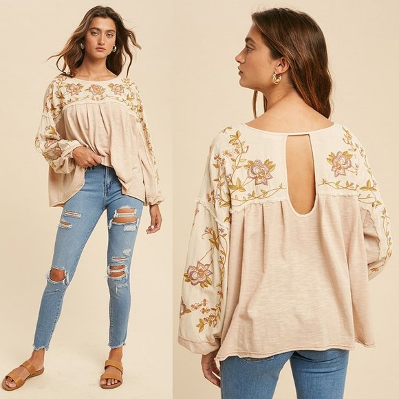 NEW Natural Floral Embroidered Oversize Blouse Top - Picture 5 of 12